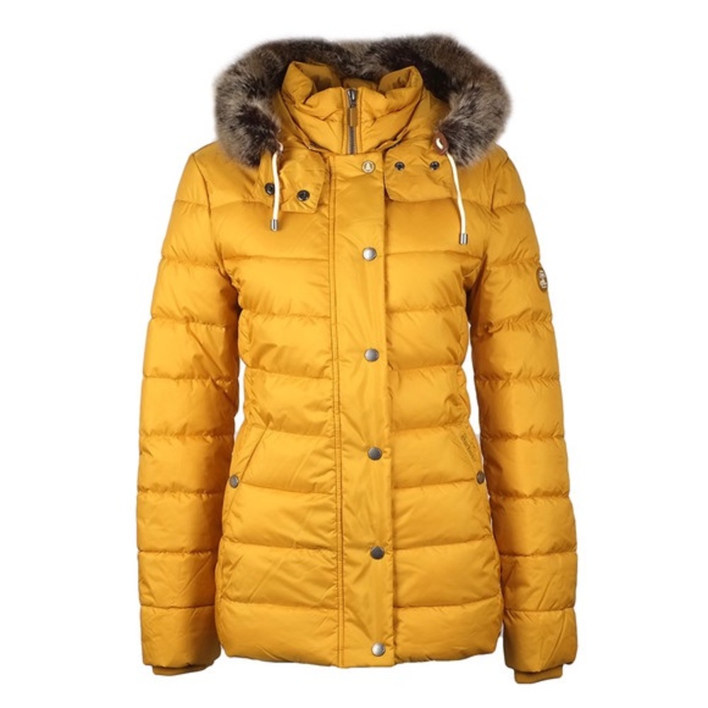 Barbour Yellow Puffer Jacket with Fur Trim